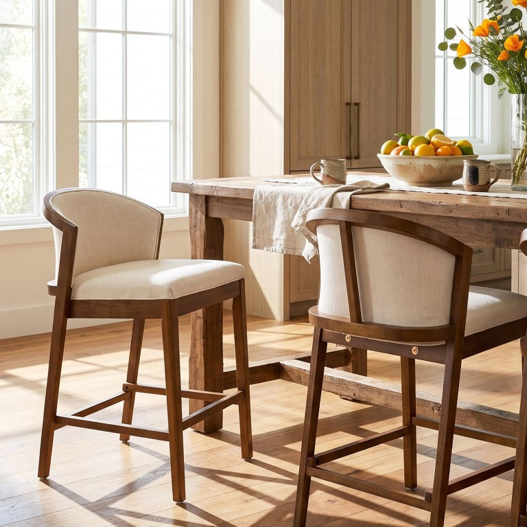English Elm Tatti Rubberwood Counter Stools Padded Beige Seat Curved Back for Kitchen Island Set of 2 N775P514062W