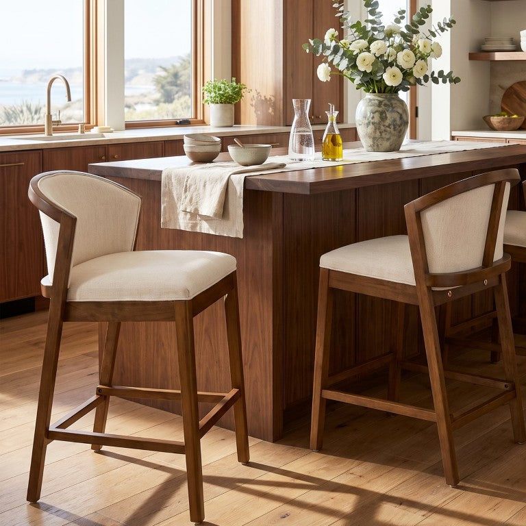 English Elm Tatti Rubberwood Counter Stools Padded Beige Seat Curved Back for Kitchen Island Set of 2 N775P514062W
