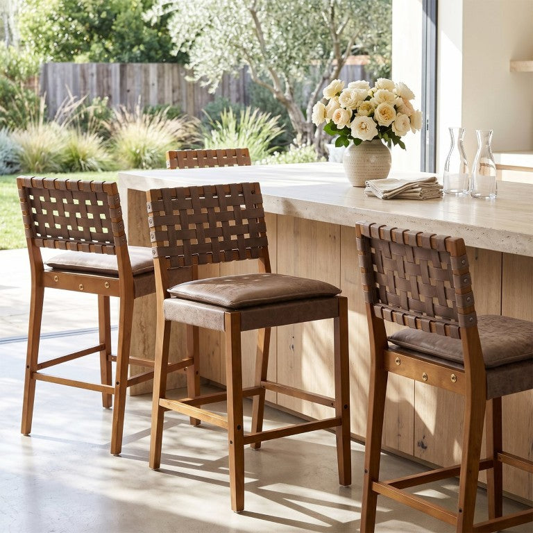 English Elm Rieti Mid-Century Rubberwood Counter Stools Woven Faux Leather Back for Kitchen Island Dark Brown Set of 4 N775P514064D-S4