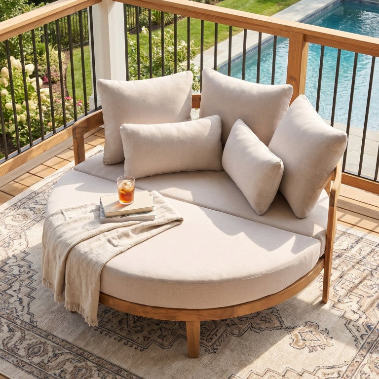 English Elm Bali Outdoor Round Acacia Wood Daybed with Cushions for Patio Pool Lounging N775P526832L