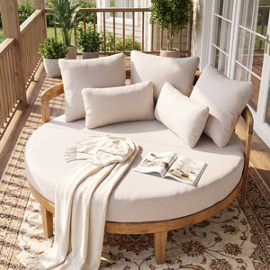English Elm Bali Outdoor Round Acacia Wood Daybed with Cushions for Patio Pool Lounging N775P526832L