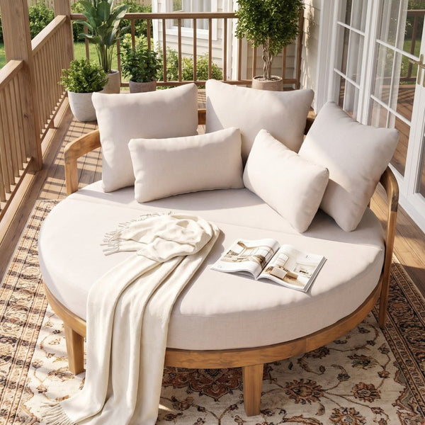 English Elm Bali Outdoor Round Acacia Wood Daybed with Cushions for Patio Pool Lounging N775P526832L