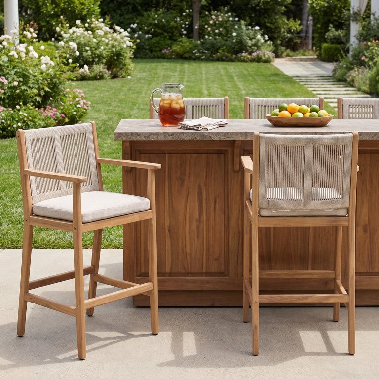English Elm Tropical Acacia Outdoor Barstools Woven Rope Back Teak Finish Cushioned Arm Seating Set of 4 N775P526866L-S4