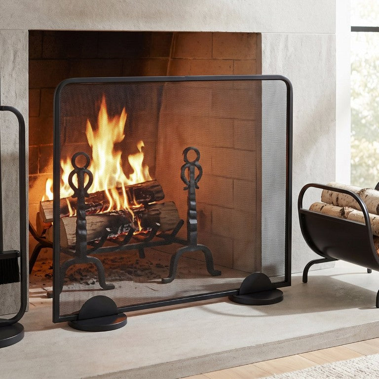 English Elm Freestanding Matte Black Iron Mesh Fireplace Screen Modern Farmhouse Spark Guard N775P528793B