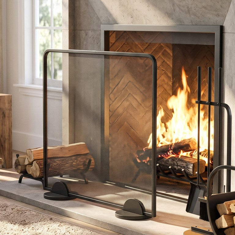 English Elm Freestanding Matte Black Iron Mesh Fireplace Screen Modern Farmhouse Spark Guard N775P528793B