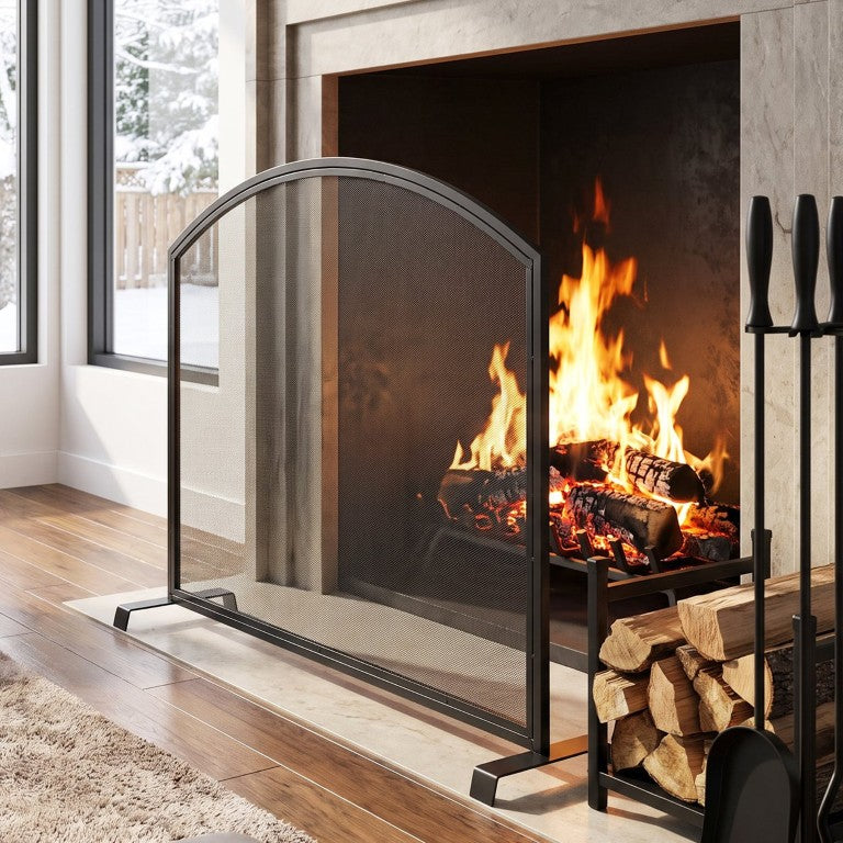 English Elm Freestanding Single Panel Iron Mesh Fireplace Screen with Powder Coated Metallic Finish Black N775P528820B