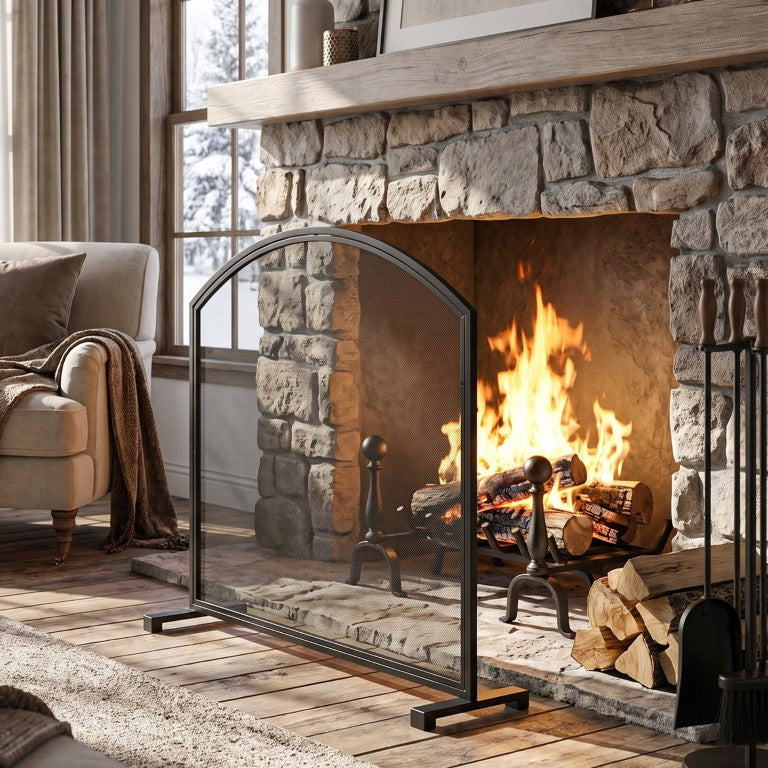 English Elm Freestanding Single Panel Iron Mesh Fireplace Screen with Powder Coated Metallic Finish Black N775P528820B