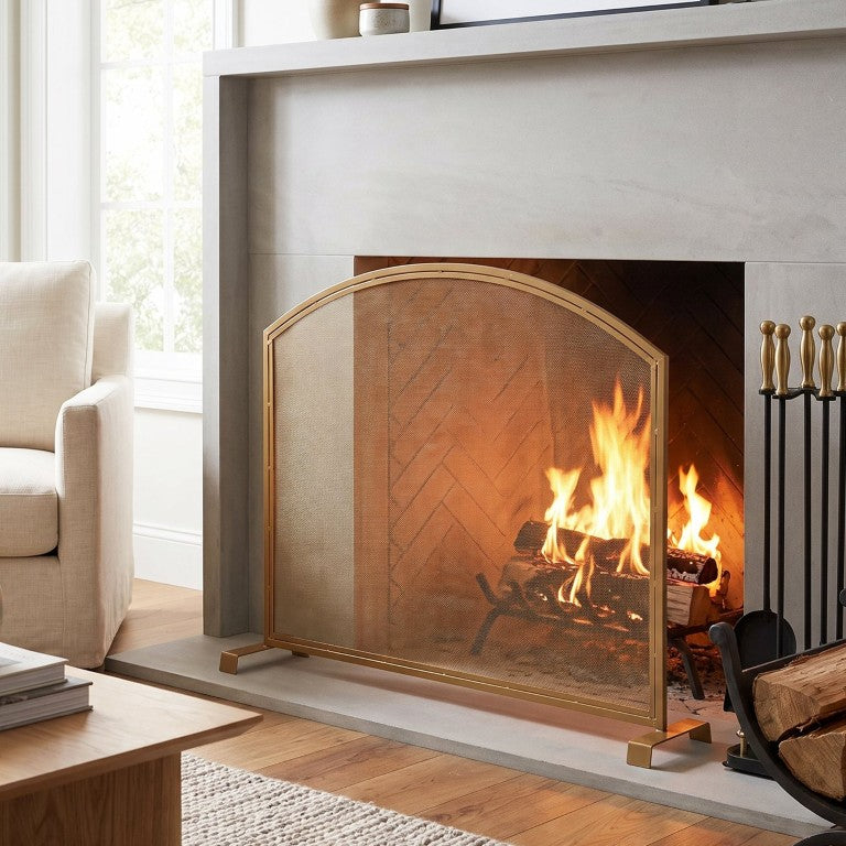 English Elm Freestanding Arched Iron Mesh Fireplace Screen Spark Guard for Wood Burning Hearths Gold N775P528820G