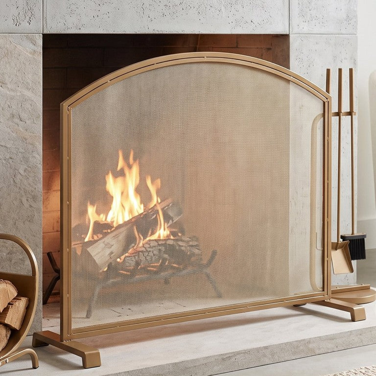 English Elm Freestanding Arched Iron Mesh Fireplace Screen Spark Guard for Wood Burning Hearths Gold N775P528820G