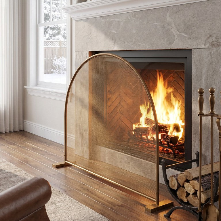 English Elm Freestanding Gold Arch Top Metal Fireplace Screen Single Panel Mesh Spark Guard N775P528898G