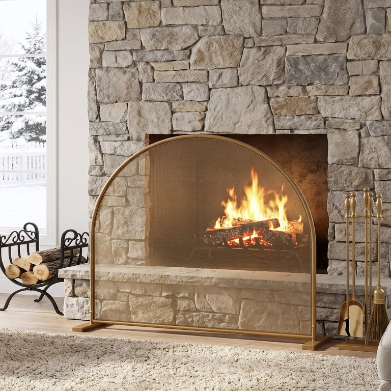 English Elm Freestanding Gold Arch Top Metal Fireplace Screen Single Panel Mesh Spark Guard N775P528898G