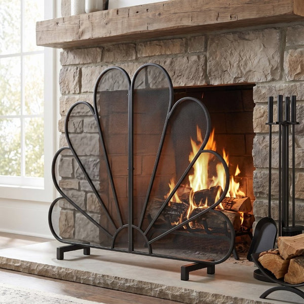 English Elm Black Peacock Fan Iron Mesh Fireplace Screen Ornate Freestanding Spark Guard N775P528937B