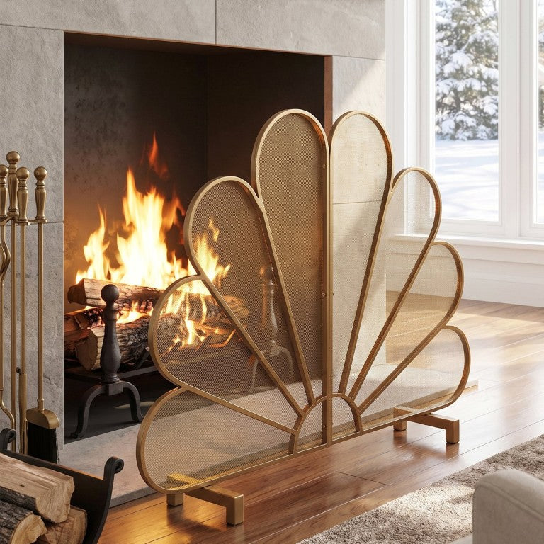 English Elm Gold Peacock Fan Iron Fireplace Screen Freestanding Two Panel Glam Spark Guard N775P528937G