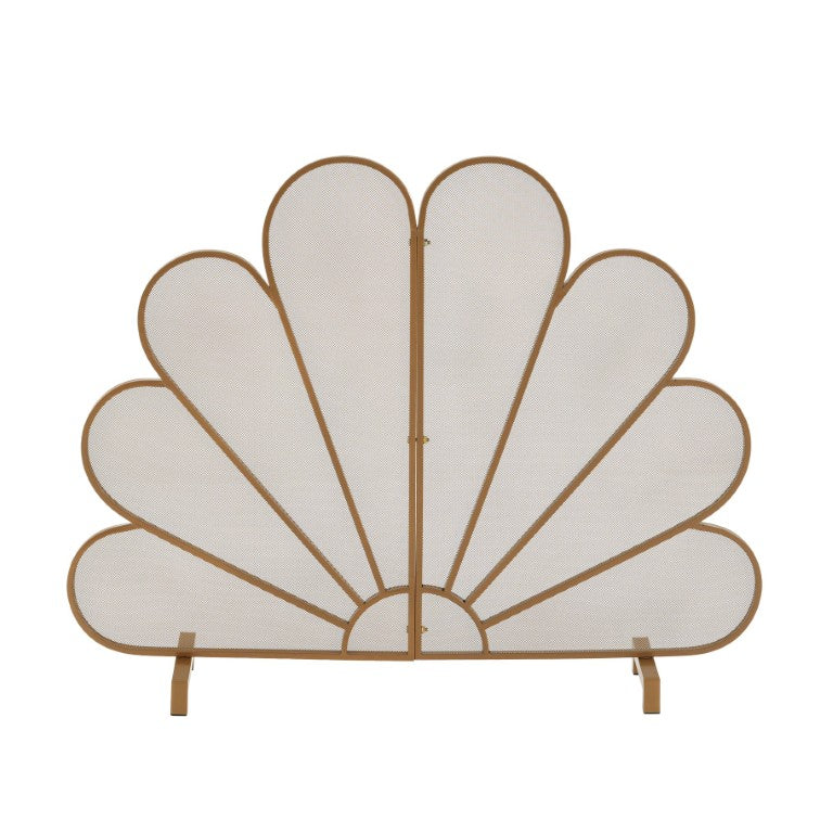 English Elm Gold Peacock Fan Iron Fireplace Screen Freestanding Two Panel Glam Spark Guard N775P528937G