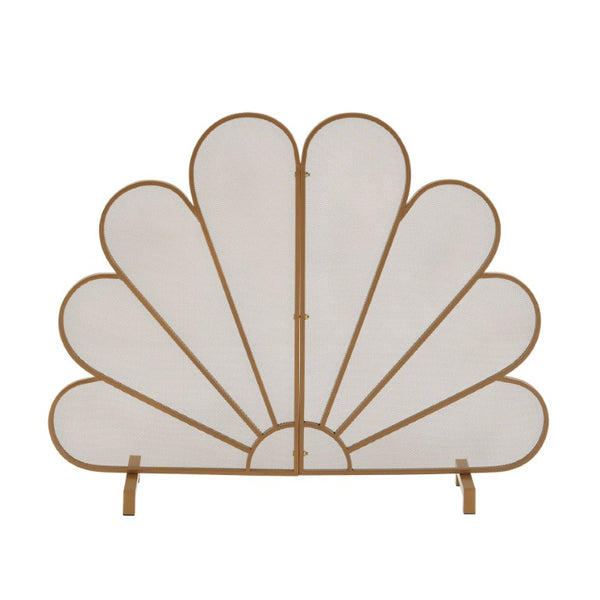 English Elm Gold Peacock Fan Iron Fireplace Screen Freestanding Two Panel Glam Spark Guard N775P528937G