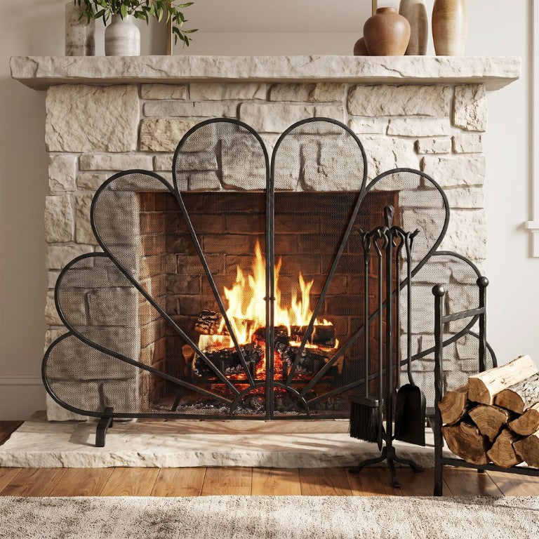 English Elm Black Peacock Fan Iron Fireplace Screen Sculptural Spark Guard for Living Room N775P528945B