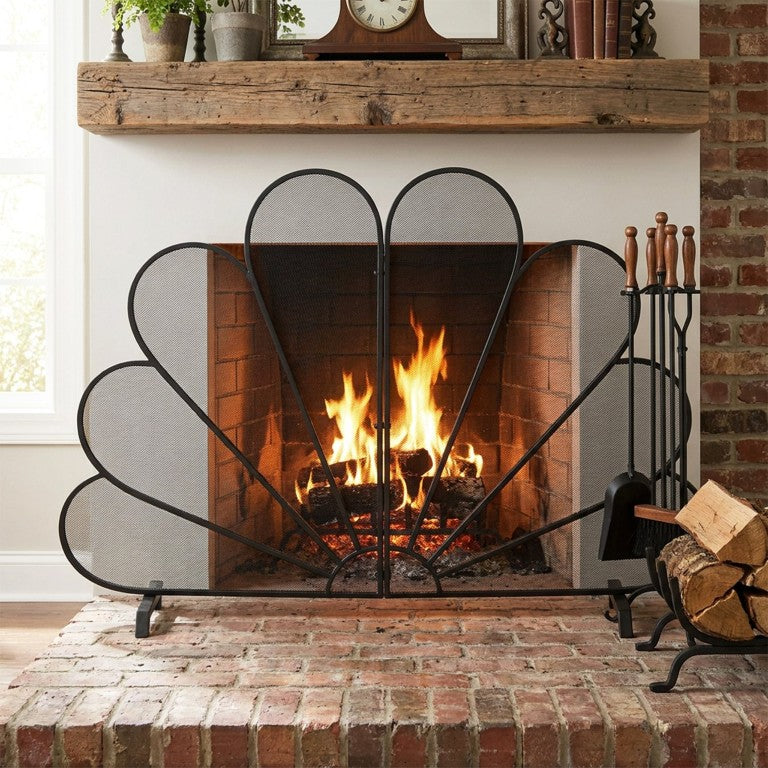 English Elm Black Peacock Fan Iron Fireplace Screen Sculptural Spark Guard for Living Room N775P528945B