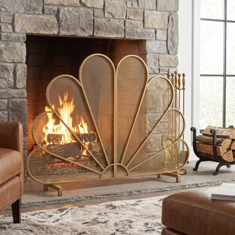 English Elm Gold Peacock Fan Fireplace Screen Freestanding Iron Mesh Spark Guard for Living Rooms N775P528945G