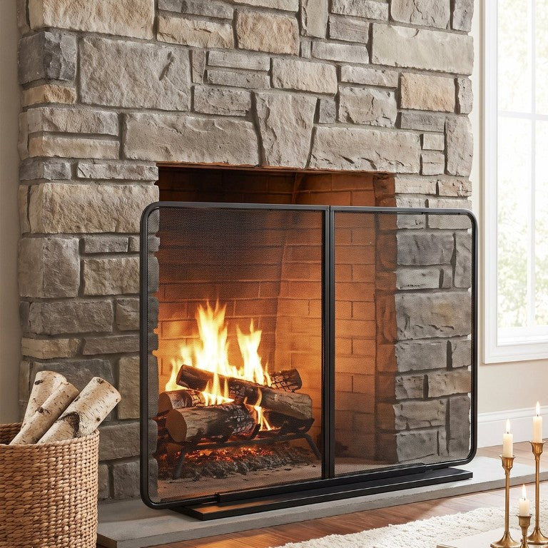 English Elm Black Iron Mesh Fireplace Screen Freestanding Spark Guard for Modern Farmhouse Hearth N775P528961B