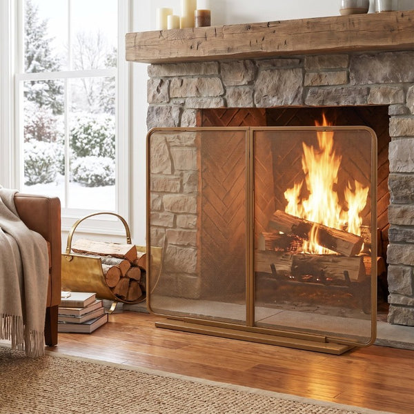 English Elm Gold Iron Fireplace Screen Freestanding Two Panel Mesh Spark Guard for Living Room N775P528961G