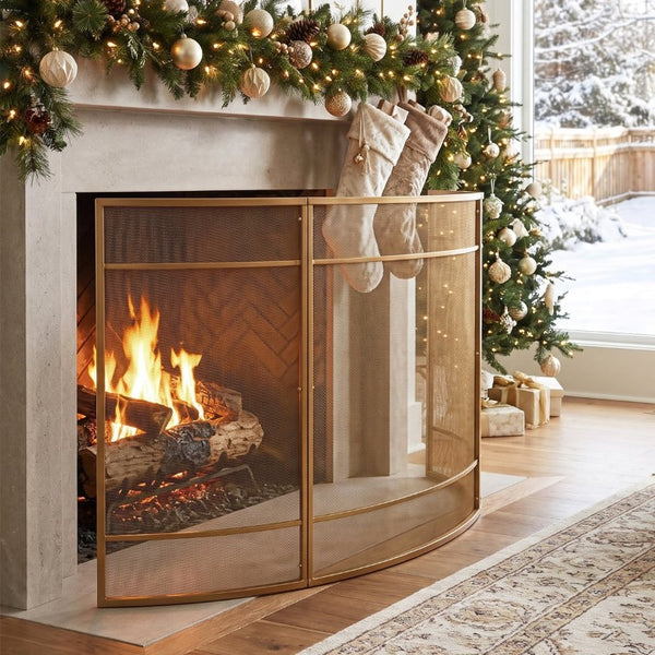English Elm Gold Three Panel Curved Iron Mesh Fireplace Screen Spark Guard for Indoor Living Rooms Fireplace Screen N775P528975G
