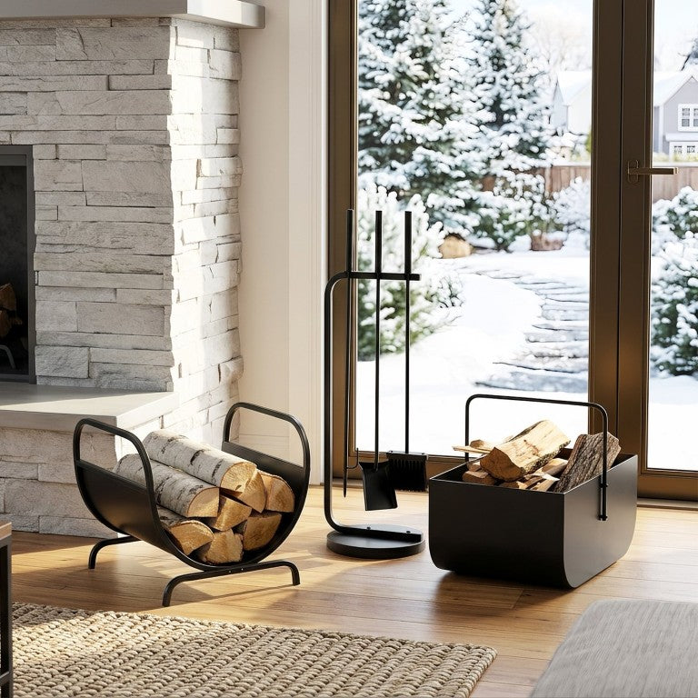 English Elm Modern Matte Black Fireplace Accessory Kit with Log Rack Bucket and Hearth Tools N775P529014B