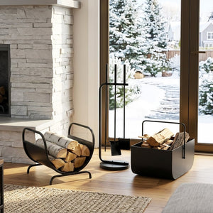 English Elm Modern Matte Black Fireplace Accessory Kit with Log Rack Bucket and Hearth Tools N775P529014B