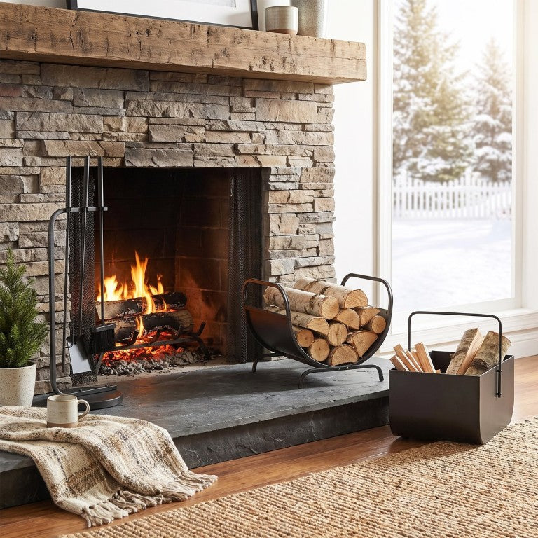 English Elm Modern Matte Black Fireplace Accessory Kit with Log Rack Bucket and Hearth Tools N775P529014B