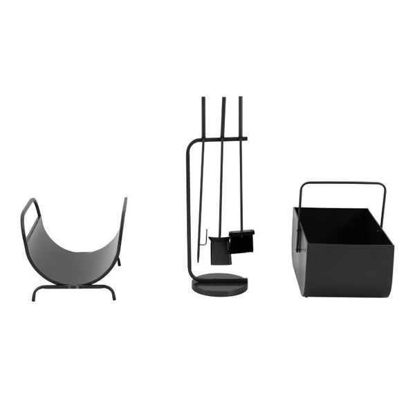 English Elm Modern Matte Black Fireplace Accessory Kit with Log Rack Bucket and Hearth Tools N775P529014B