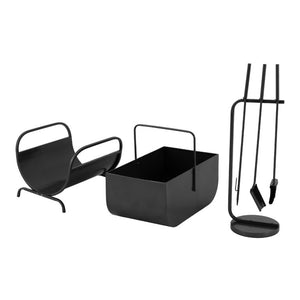 English Elm Modern Matte Black Fireplace Accessory Kit with Log Rack Bucket and Hearth Tools N775P529014B