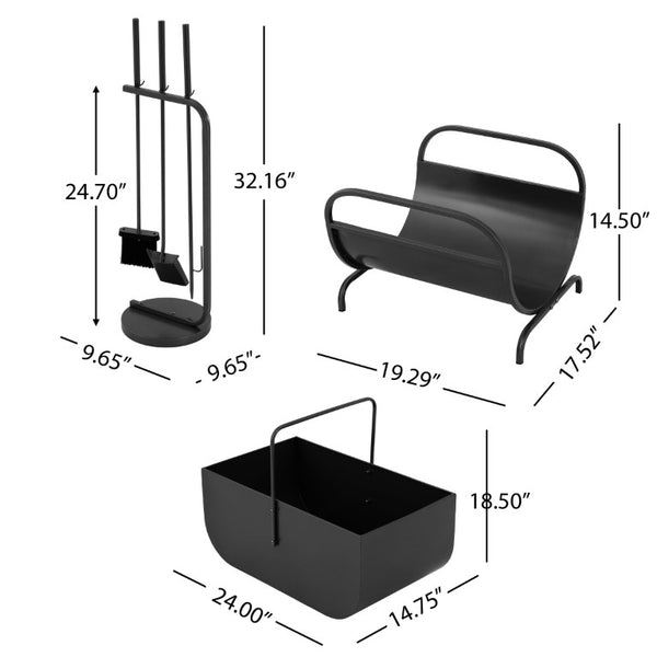 English Elm Modern Matte Black Fireplace Accessory Kit with Log Rack Bucket and Hearth Tools N775P529014B