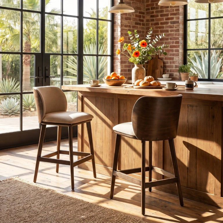English Elm Marlyn Mid-Century Counter Stools Walnut Tapered Legs Curved Back Kitchen Island Beige Set of 2 N775P542271B