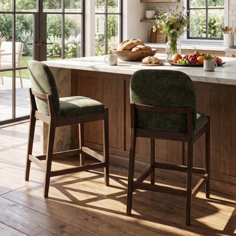 English Elm Tilda Upholstered Counter Stools Walnut Wood Frame Linen Fabric Kitchen Island Pair Green Set of 2 N775P542273G