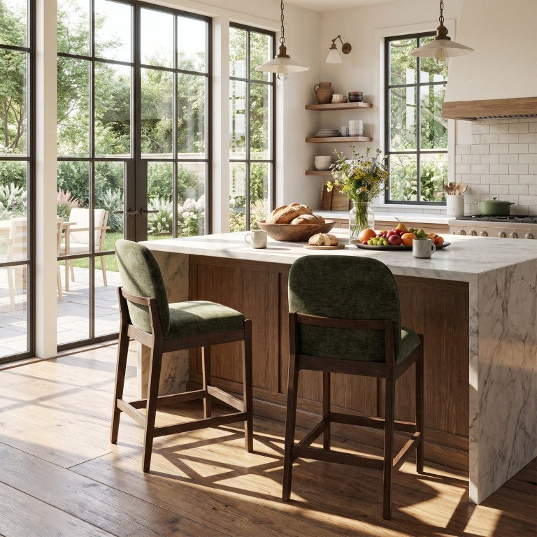English Elm Tilda Upholstered Counter Stools Walnut Wood Frame Linen Fabric Kitchen Island Pair Green Set of 2 N775P542273G