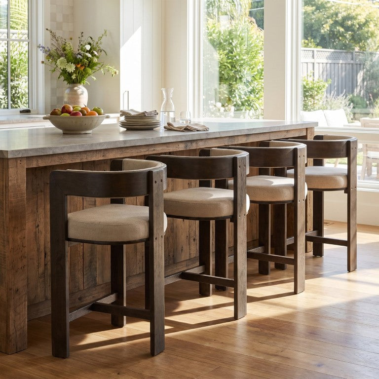 English Elm Arabella Walnut Rubberwood Counter Stools with Upholstered Seats for Kitchen Islands Beige Set of 4 N775P542280B-S4