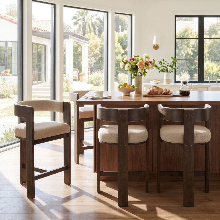English Elm Arabella Walnut Rubberwood Counter Stools with Upholstered Seats for Kitchen Islands Beige Set of 4 N775P542280B-S4
