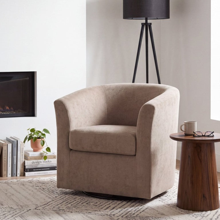 English Elm Wilmore Velvet Barrel Swivel Chair with Enveloping Back for Living Rooms and Nooks Light Brown N776P246091L
