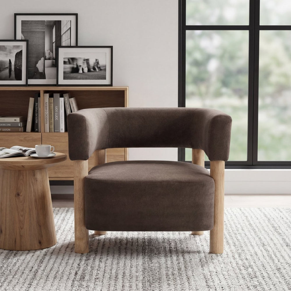 English Elm Upholstered Velvet Accent Chair with Rubberwood Legs Spring Cushion Living Room Seat Dark Brown,Natural N776P268327D