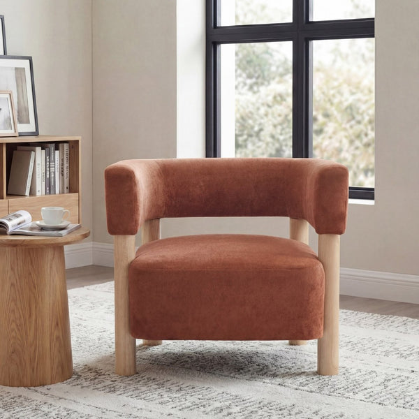 English Elm Upholstered Velvet Accent Chair with Rubberwood Legs Spring Cushion Living Room Seat Burnt Orange,Natural N776P268327R