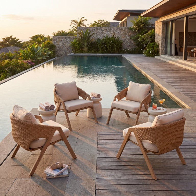 English Elm Boho All Weather PE Wicker Patio Chair Set of 2 for Deck and Poolside Teak Metal, Rattan N776P271809B-2