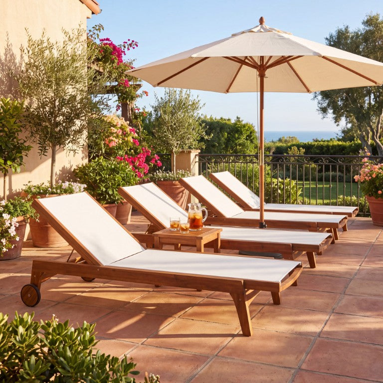 English Elm 4Pcs Outdoor Acacia Wood Chaise Lounge Set Resort Style Mesh Patio Seating White N776P286344B-4