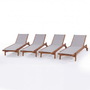 English Elm 4Pcs Outdoor Acacia Wood Chaise Lounge Set with Mesh Seating for Patio or Poolside N776P286344E-4