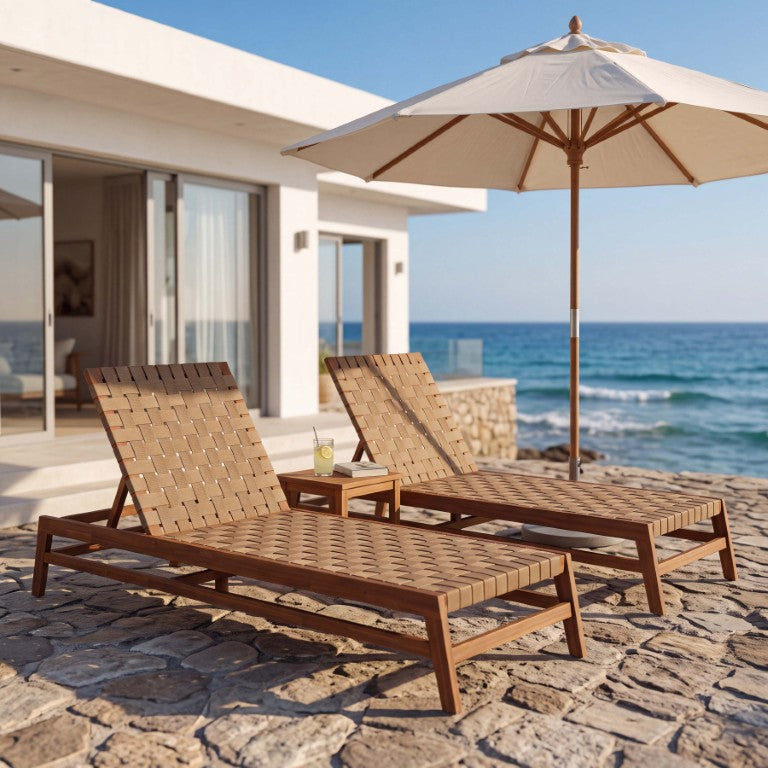 English Elm 2Pcs Outdoor Acacia Wood Woven Rope Chaise Lounges Resort Style Patio Set N776P288556B-2