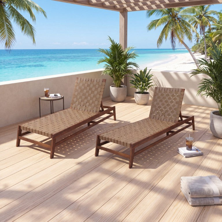 English Elm 2Pcs Outdoor Acacia Wood Woven Rope Chaise Lounges Resort Style Patio Set N776P288556B-2
