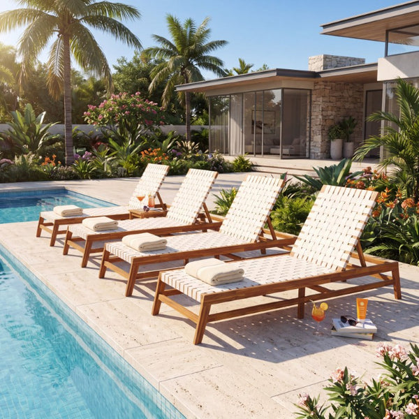 English Elm 4Pcs Outdoor Acacia Hardwood Rope Chaise Lounge Set for Patio Pool Deck White 82.75 L x 28.5 W x 37 H N776P288556W-4
