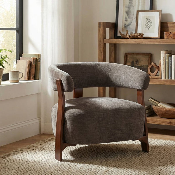 English Elm Accent Arm Chair Upholstered Low Profile Sculptural Three Leg Base Modern Sitting Room N776P368458D
