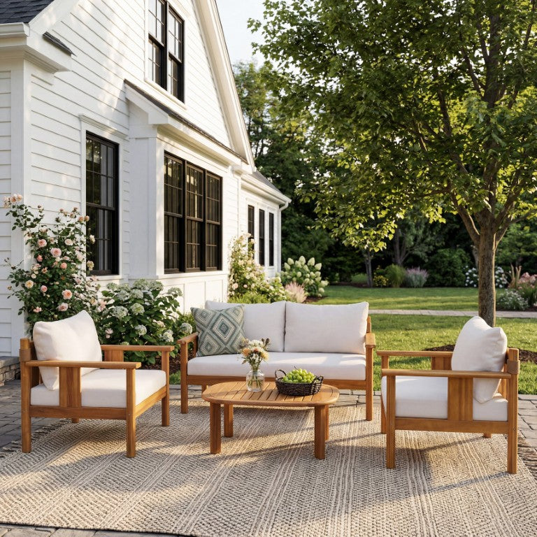 English Elm Patio 4 Piece Acacia Wood Chat Set with Textilene Mesh Backs and Plush Cushions N776P369380W-2_N776P369381W