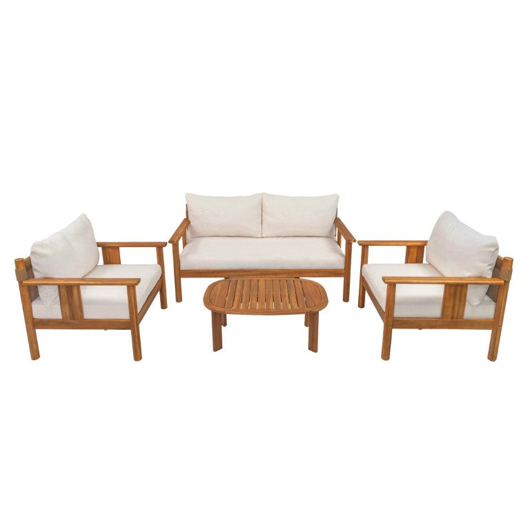 English Elm Patio 4 Piece Acacia Wood Chat Set with Textilene Mesh Backs and Plush Cushions N776P369380W-2_N776P369381W