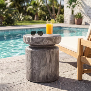 English Elm Mgo Tree Stump Side Table Weathered Faux Wood Grain Texture Indoor Outdoor Accent N776P372338G