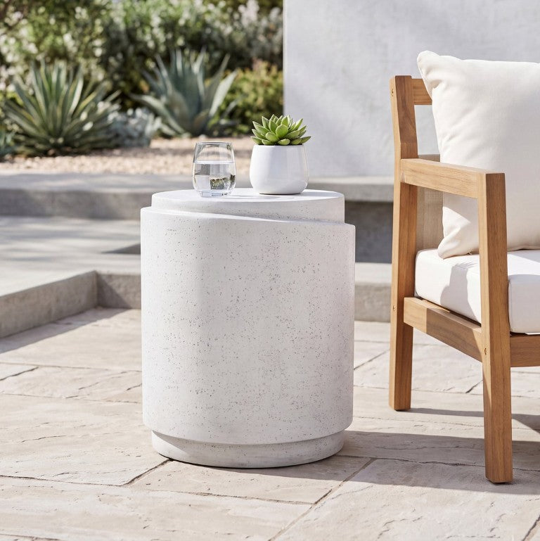 English Elm Outdoor MGO Concrete Sculptural Side Table with Wood Grain Texture for Patio or Poolside N776P372344W